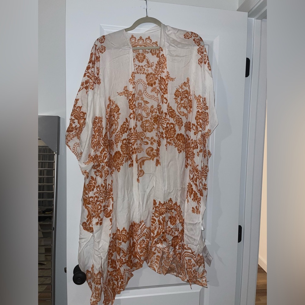White Boho Kimono with Rust Floral Print - Picture 2 of 6